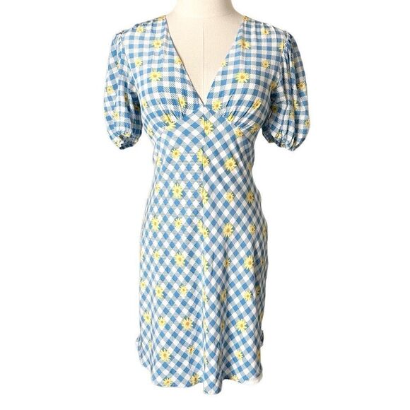 Staud Milla Print Mini Dress Gingham Daisy Plaid Size 4 - Picture 2 of 6